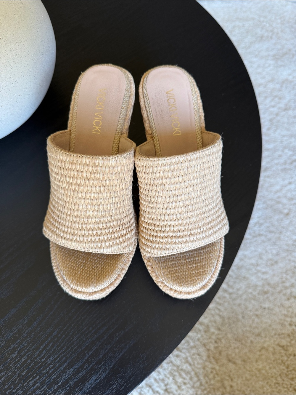 Neutral Woven Slide Mules - Beige